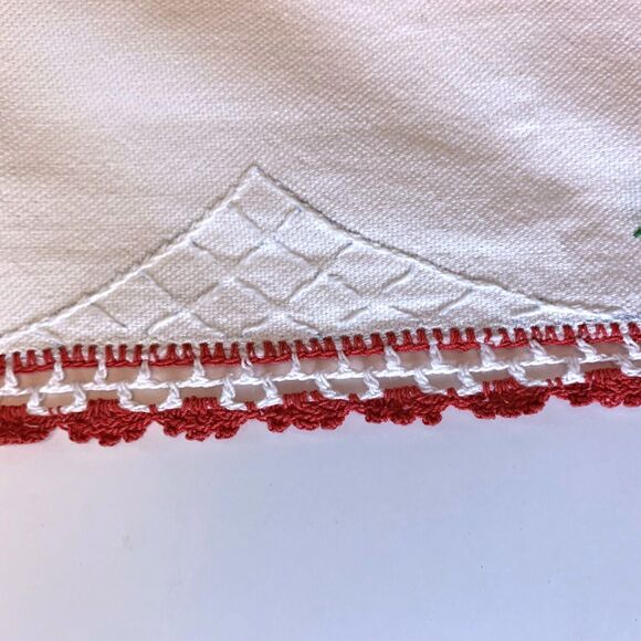 Embroidered Red Floral Table Runner Dresser Scarf Crochet Cottage Core Granny - Picture 4 of 4